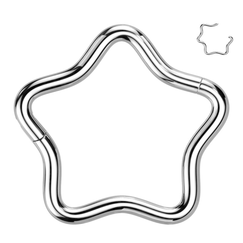 A hollow titanium star septum ring with a hinged segment closure pictured against a white background.