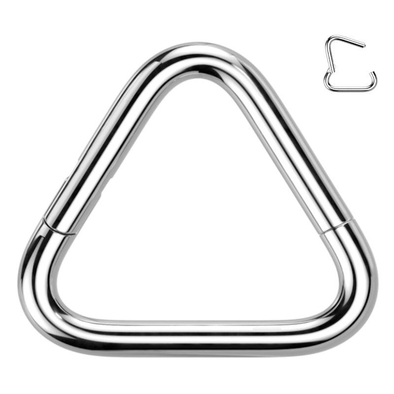 A hollow titanium triangle septum ring with a hinged segment closure pictured against a white background.