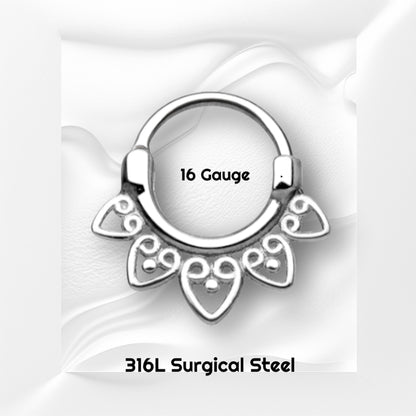 Tribal Fan Septum Clicker 16 Gauge 316L Surgical Steel pictured on a white wavy background with black text showing the size and material.