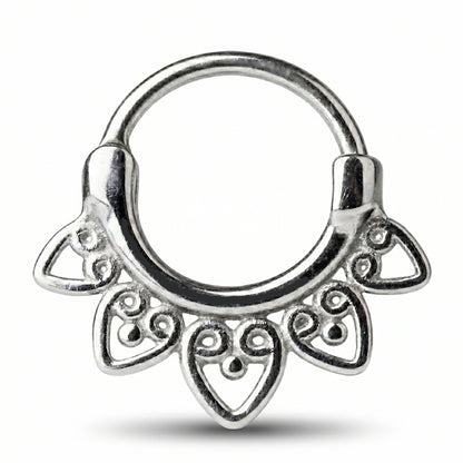 Tribal Fan Septum Clicker 16 Gauge 316L Surgical Steel picture against a white background.