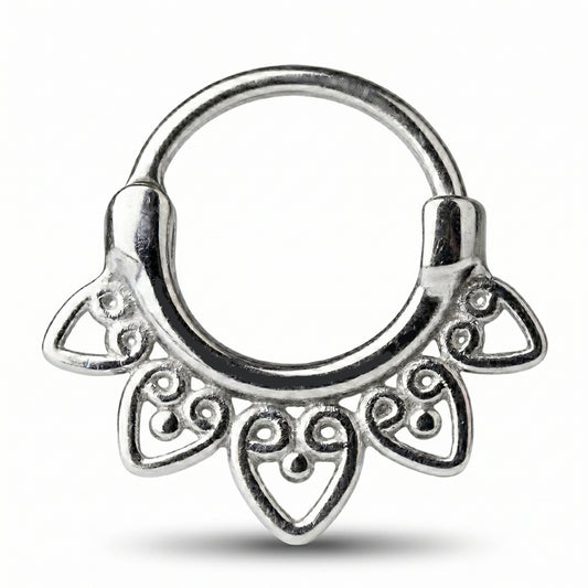Tribal Fan Septum Clicker 16 Gauge 316L Surgical Steel picture against a white background.