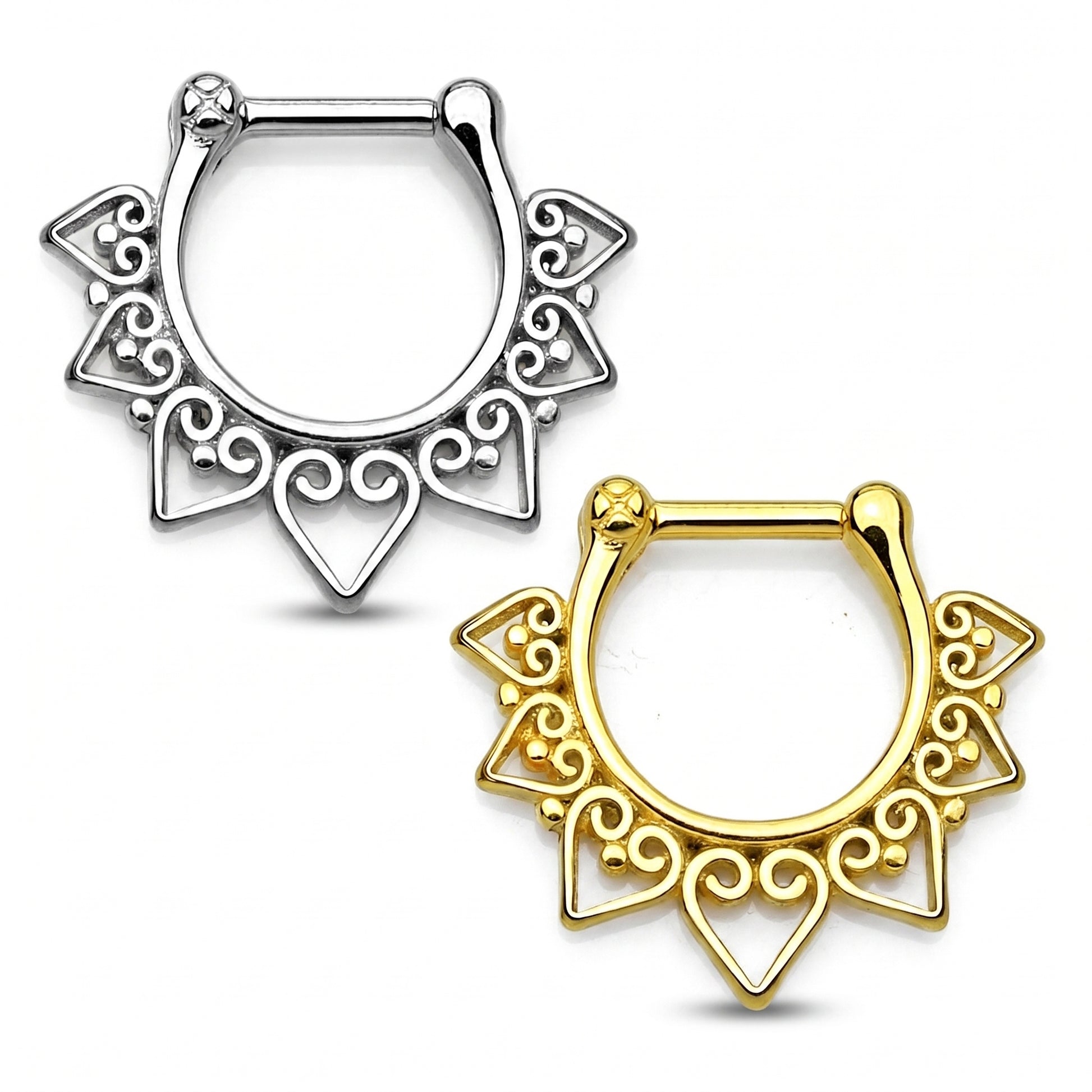 Tribal Septum Clicker Ring 16G 316L Surgical Steel Silver Gold PVD pictured against a white background.