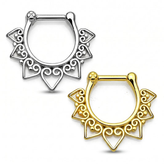 Tribal Septum Clicker Ring 16G 316L Surgical Steel Silver Gold PVD pictured against a white background.