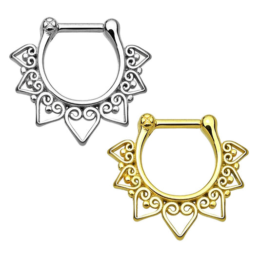2 tribal septum clicker rings, one in silver and one in gold, on a white background.