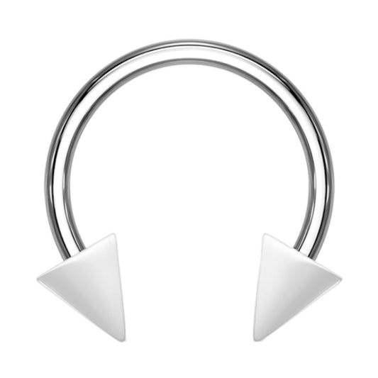 A white spike septum ring featuring a horseshoe design with an acrylic white spike on each end pictured against a white background.